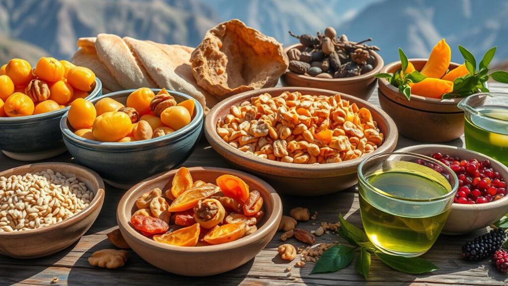 Traditional Hunza cuisine featuring chapshoro, thukpa, and other local dishes served in authentic setting