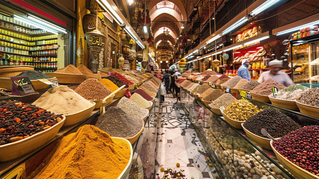 Spice Bazaar displaying colorful mounds of Turkish spices, herbs and seasonings in Istanbul