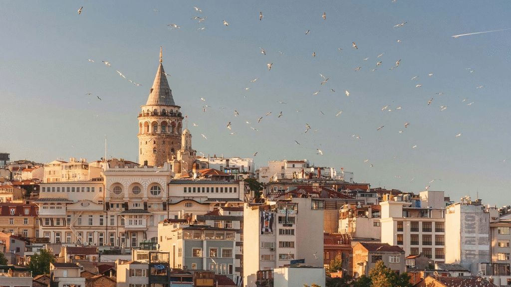 Contemporary Istanbul skyline mixing historic minarets with modern skyscrapers