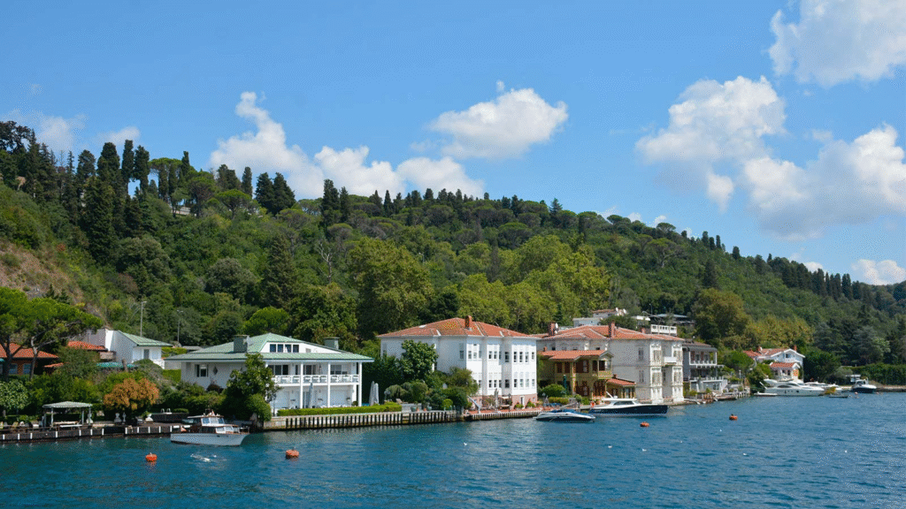 Luxury hotel room with panoramic Bosphorus view and elegant Turkish interior design