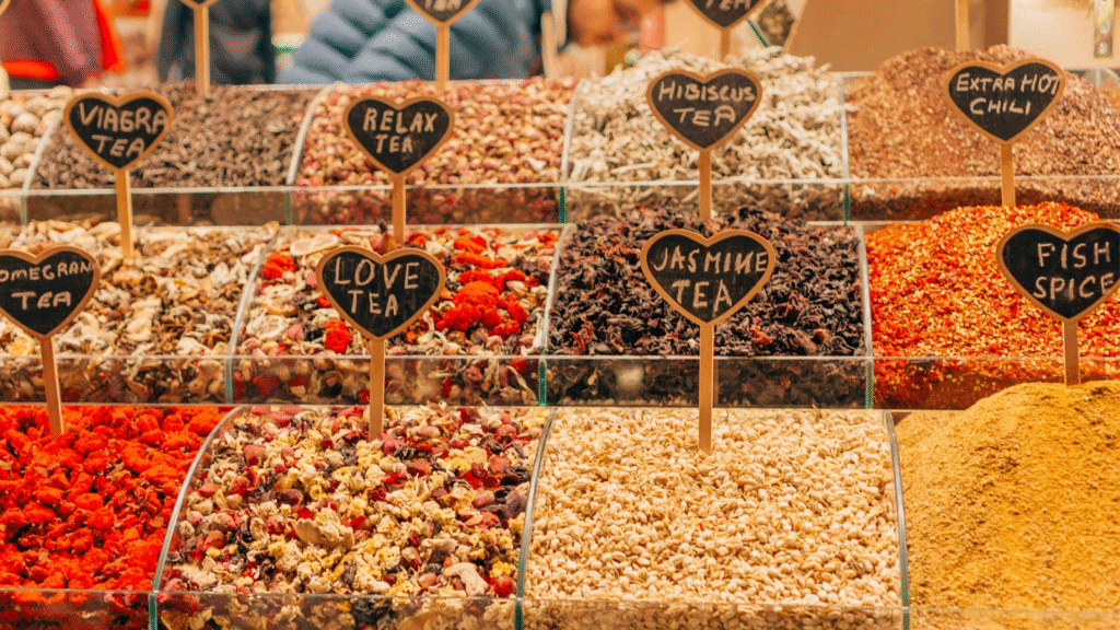 Spice Bazaar displaying colorful mounds of Turkish spices, herbs and seasonings in Istanbul