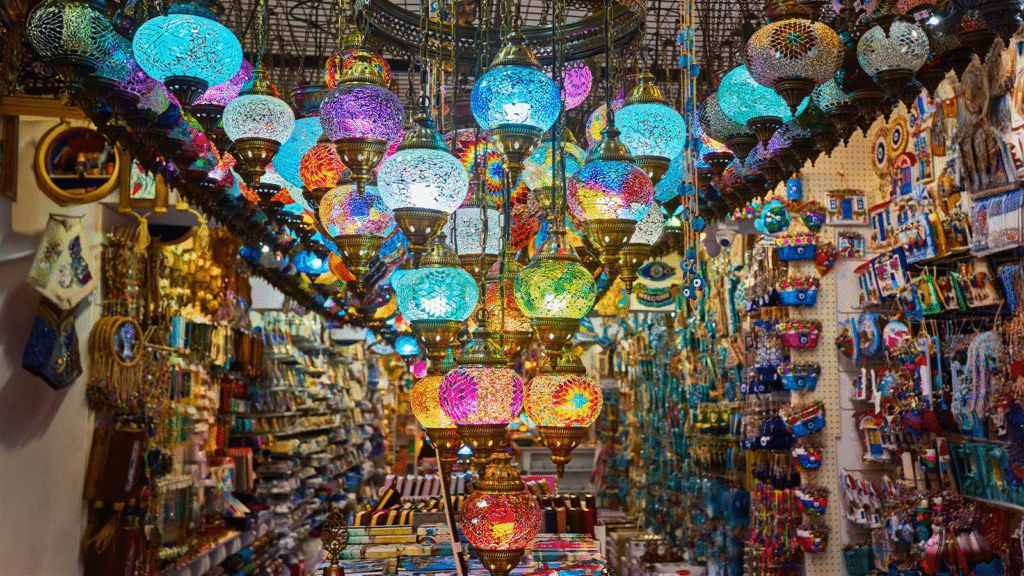 Traditional Turkish carpet shops inside Grand Bazaar displaying handwoven rugs and textiles