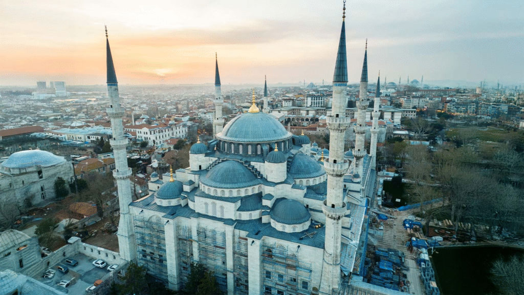 Blue Mosque courtyard view displaying all six minarets and central dome in Istanbul
