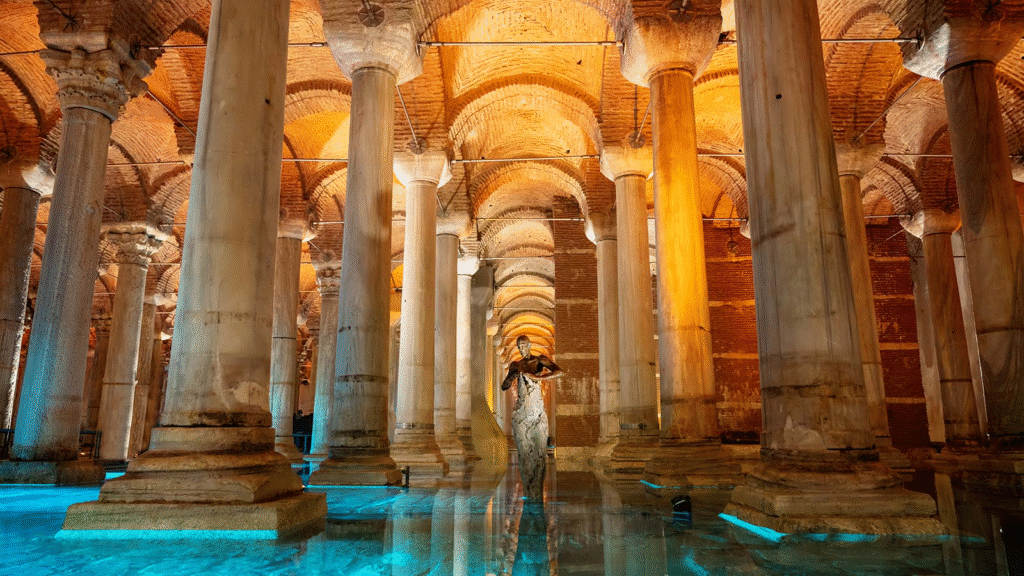 Basilica Cistern underground chamber with 336 marble columns reflected in shallow water, Istanbul