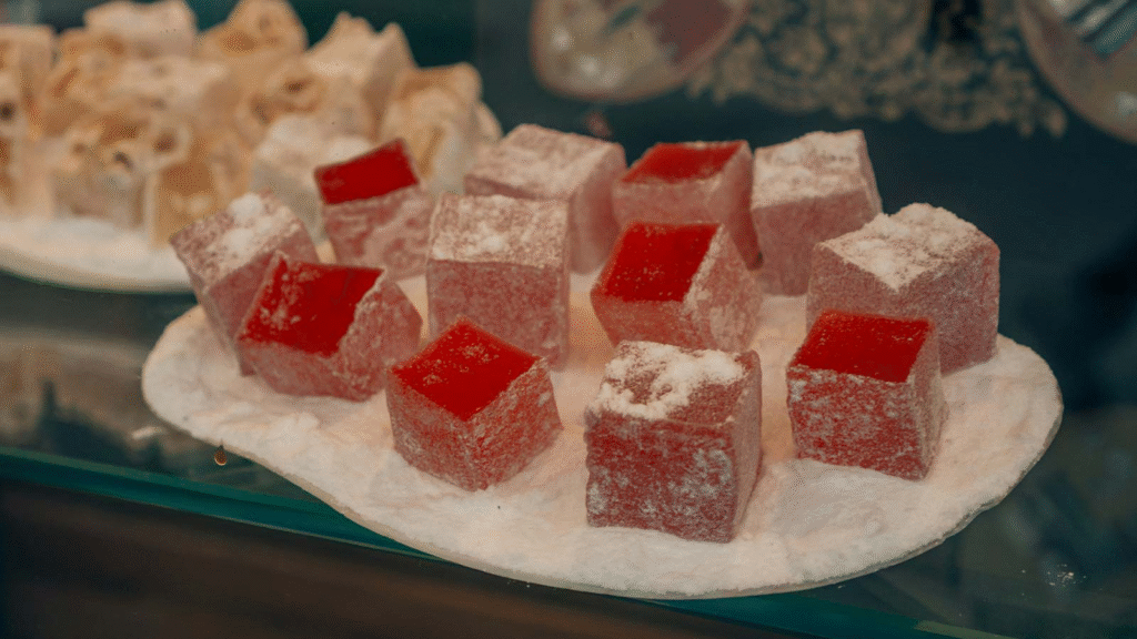 Turkish delight (lokum) varieties in different flavors including rose, lemon and pomegranate