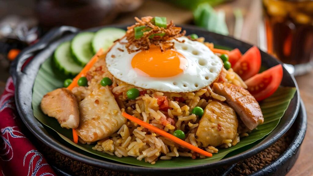 Authentic Indonesian nasi goreng fried rice dish with vegetables, egg, and traditional garnishes