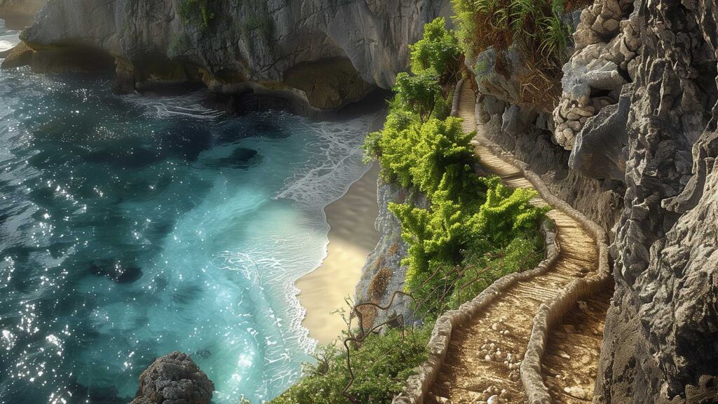  Dramatic Kelingking Beach cliffs at Nusa Penida island showing T-Rex rock formation and turquoise waters
