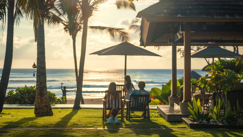 Beautiful sunset over Seminyak beach with silhouettes of people enjoying beach club atmosphere