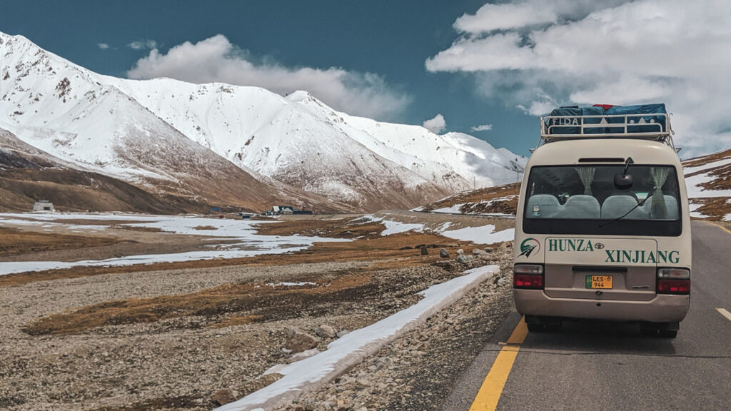 Local jeep transport Hunza Valley mountain road Karakoram Highway Pakistan travel