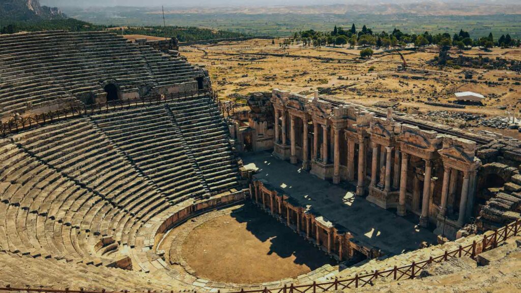 Steep ancient theater and Acropolis ruins at Pergamon UNESCO World Heritage site Turkey