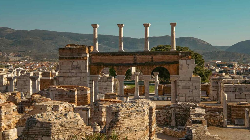 Ancient Greek amphitheater carved into hillside at Pergamon archaeological site near Izmir