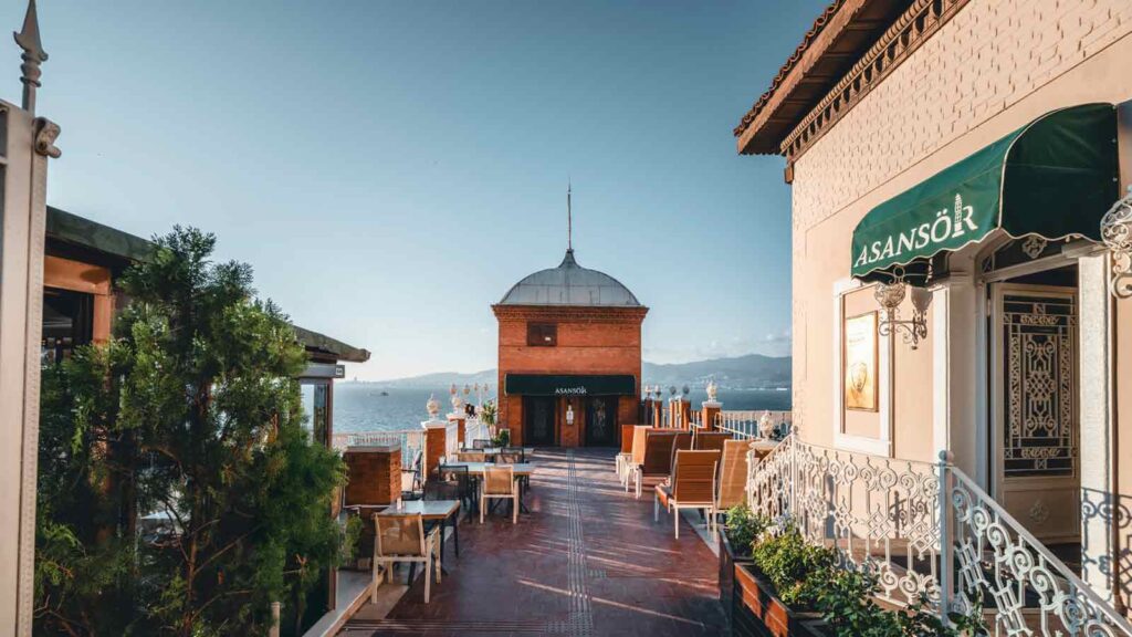 1907 Asansor historic elevator tower with rooftop restaurant overlooking Izmir waterfront