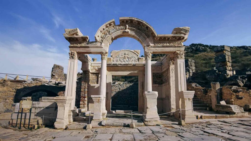 Library of Celsus facade with ornate Roman columns at Ephesus archaeological site Turkey