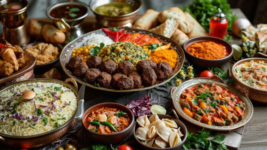 Platter of Izmir kofte meatballs with potatoes and boyoz pastries traditional Turkish cuisine