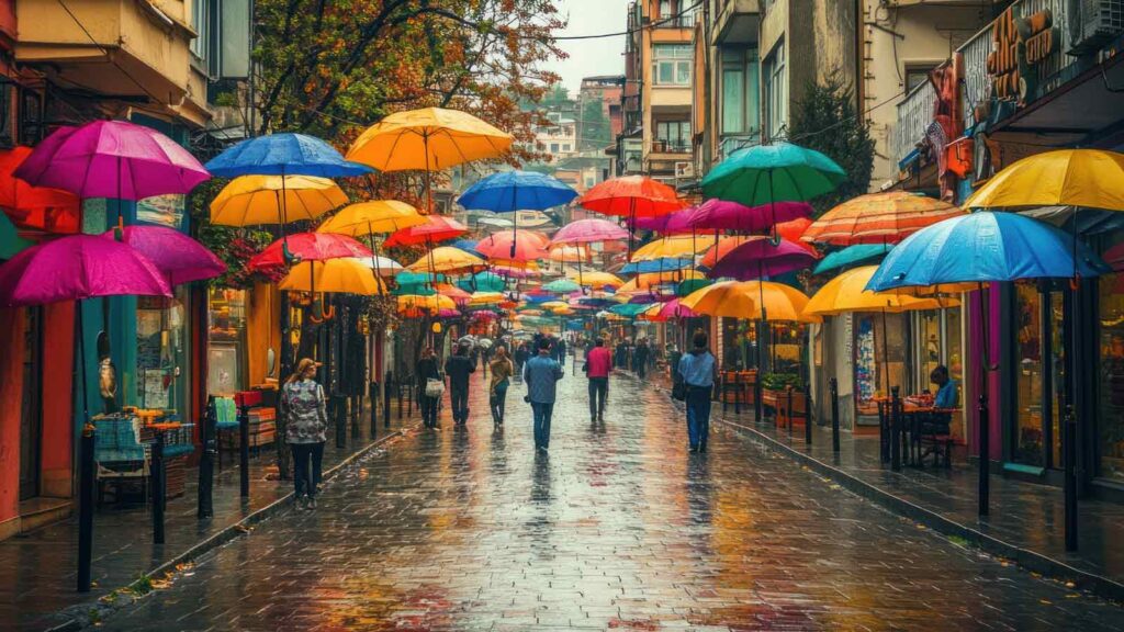 Umbrella Street in kadikoy district with shops, cafes and pedestrians in Istanbul