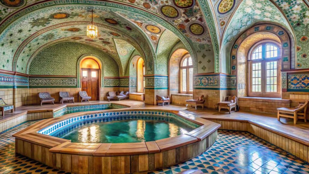 Turkish bath (hamam) interior with marble platforms under traditional domed ceiling